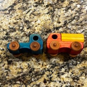 Handmade Wooden Toy Truck and Car Set Waldorf Style Teal Red Yellow 2 Piece